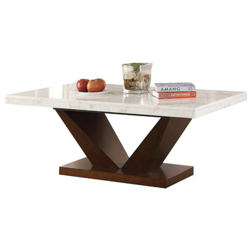 Acme Coffee Table in White Marble and Walnut Finish 83335