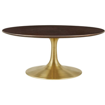 Modern Retro Coffee Table, Golden Pedestal Base and Round MDF Top, Cherry Walnut