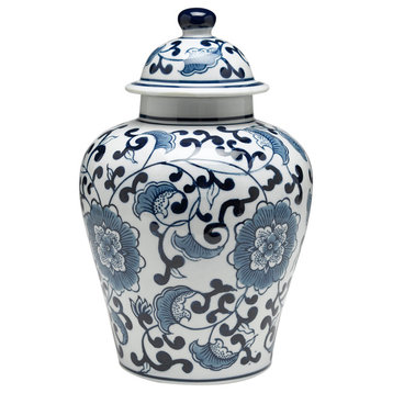 Blue and White Ginger Jar With Lid