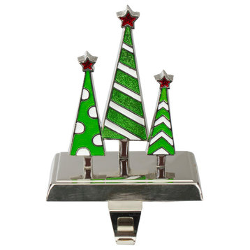 7" Silver  Green and White Christmas Tree Trio Stocking Holder