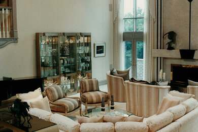 Large elegant formal and open concept carpeted living room photo in Other with beige walls, a standard fireplace and a stone fireplace