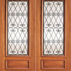 Decorative Iron Scrollwork Glass, Mahogany Prehung Double Door - Front Doors