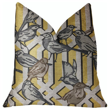 Song Bird Gardens Yellow, Beige and Gray Luxury Throw Pillow, 20"x30" Queen
