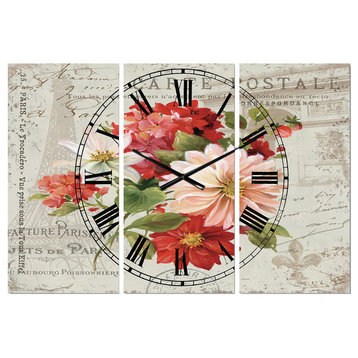 Red Painted Flowers On Vintage Postcard Ii Farmhouse Multipanel Clock