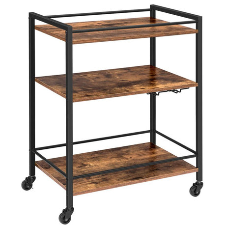 Serving Cart with Wine Glass Hooks and Storage Shelves