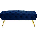 Meridian Furniture - Amara Velvet Upholstered Bench, Navy - Inject Hollywood glam into your space with this Amara Navy Velvet Bench. Its rich velvet upholstery gives it a sleek, modern look while stainless steel legs with a gold finish add to its lavish appearance. This bench has a wide seat with a plump cushion that cradles your body in comfort while you unwind and relax. The button-tufted top keeps the material inside from shifting, so it stays aloft and ready to comfort you as you sit.