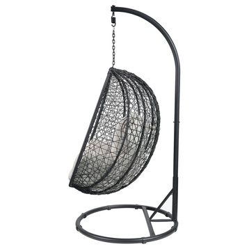 ACME Simona Patio Swing Chair with Stand, Beige Fabric and Black Wicker