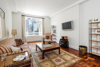 Large elegant formal and loft-style dark wood floor living room photo in New York with white walls and a wall-mounted tv