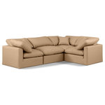 Meridian Furniture - Indulge Upholstered Modular L-Shaped Sectional, Tan, 4-Piece: 1 Armless Chair, 3 Corner Chair, Fiber Stuffed Vegan Leather - Unwind in tranquil elegance with the Indulge Vegan Leather Sectional. Imagine sinking into the plush embrace of this lush sectional, crafted from rich, textured tan vegan leather that feels soft and inviting against your skin. Overstuffed down feather cushions cradle you in cloud-like comfort, while the solid wood frame provides unwavering support. This modular masterpiece isn't just furniture - it's a blank canvas for creating your dream living space. Arrange the versatile pieces in countless configurations, from a sprawling entertainment zone for movie nights to intimate reading nooks for quiet moments. Indulge in the ultimate comfort, endless possibilities, and timeless elegance.