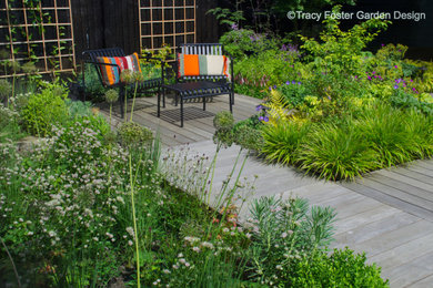 На фото: маленький участок и сад зимой на заднем дворе в современном стиле с полуденной тенью и с деревянным забором для на участке и в саду с