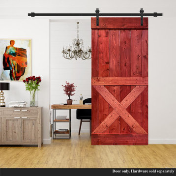 Stained Solid Pine Wood Sliding Barn Door, Cherry Red, 42"x84", Mini X