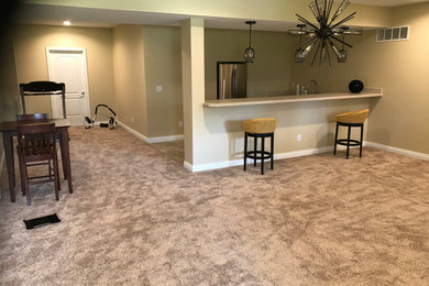 Large minimalist look-out carpeted and beige floor basement photo in Indianapolis with a bar, beige walls and no fireplace