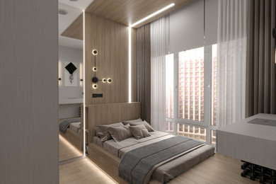 Свежая идея для дизайна: хозяйская спальня среднего размера в современном стиле с серыми стенами, паркетным полом среднего тона, бежевым полом, деревянным потолком, панелями на части стены и матрасом на полу - отличное фото интерьера