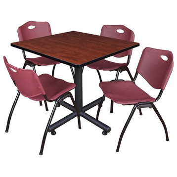 Kobe 36" Square Breakroom Table, Cherry and 4 'M' Stack Chairs, Burgundy