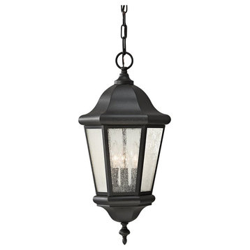 Feiss Martinsville Three Light Black Clear Seeded Glass Hanging Lantern