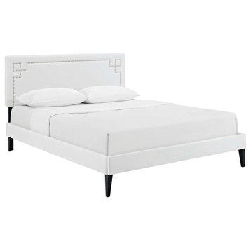 Ruthie Queen Faux Leather Platform Bed With Squared Tapered Legs, White