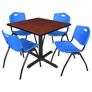 Cain 36" Square Breakroom Table, Cherry and 4 'M' Stack Chairs, Blue