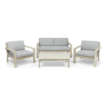 Dominic Outdoor 4 Seater Acacia Wood Chat Set With Cushions, Light Gray