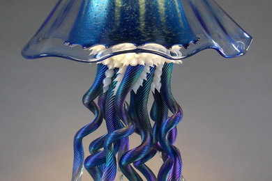Jellyfish lamp, cobalt iridescent, double shade