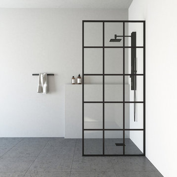 VIGO Rochelle 60"x74" Adjustable Frameless Hinged Shower Door, Matte Black, 34" X 74", Clear Glass