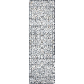 Martha Traditional Floral Gray/Teal Runner Rug, 2.7'x10'