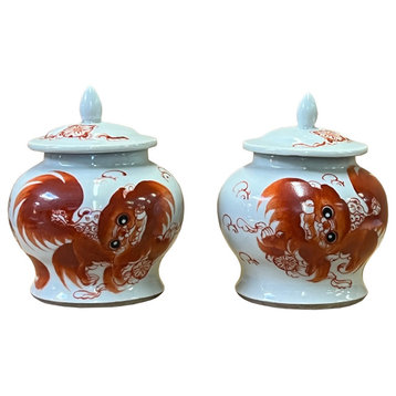 Pair Small Oriental Ceramic White Base Orange Foo Dog Temple Jars Hws2597