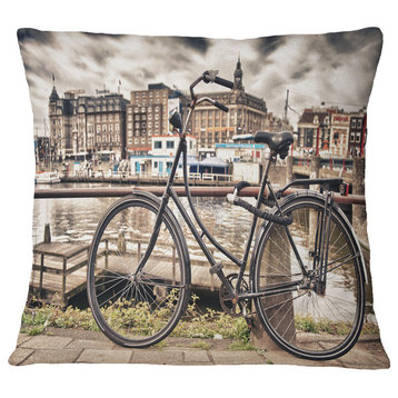 Bike Over Bridge in Amsterdam Cityscape Photo Throw Pillow, 16"x16"