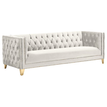 Michelle Fabric Upholstered Chair, Gold Iron Legs, Cream, Velvet, Sofa