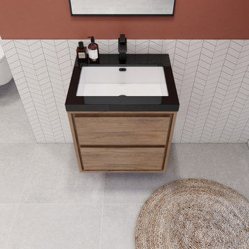 Sally 24" Wall Mounted Modern Vanity With Reinforced Acrylic Sink, Natural Oak, Matt Black Top, Glossy White Top