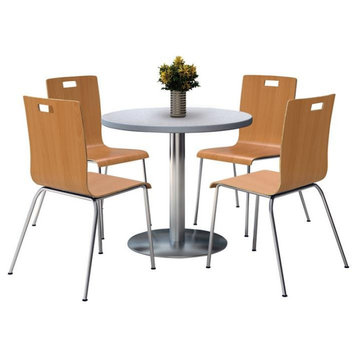 KFI Round 36" Pedestal Table - 4 Natural Stacking Chairs - Grey Top