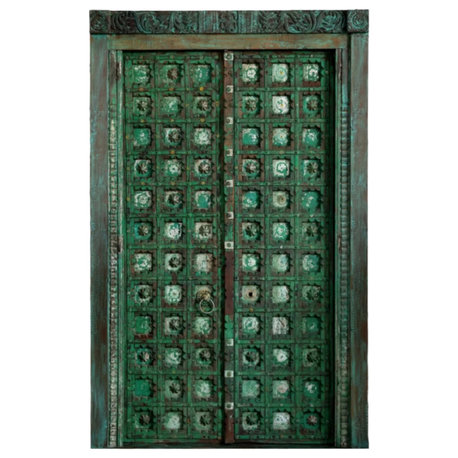 Consigned Antique Indian Door Green Brass Patina Carved Double Doors 85