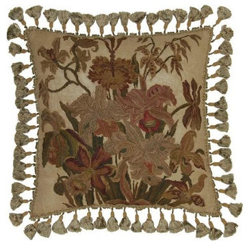 Hand-Embroidered Throw Pillow 20"x20" Irises  Flowers Brown/Beige/Tan