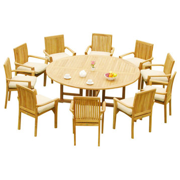 11-Piece Outdoor Teak Dining Set: 72" Round Table, 10 Lua Stacking Arm Chairs