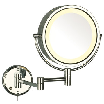 Modern Chrome Wall Mounted Lighted Make Up Mirror, Corded Plug-In