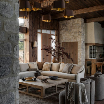 Antique Elm Paneling, Box Beams, and Flooring in Interlachen Modern Great Room