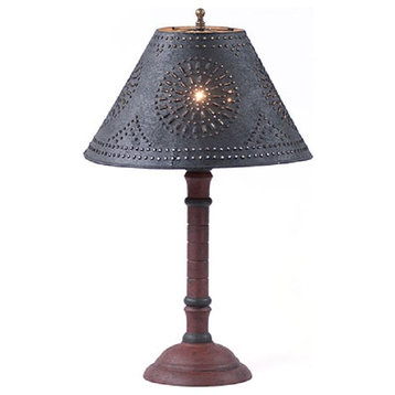Wood Table Lamp With  Distressed Farmhouse Finishes, Red With Black Stripe