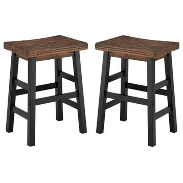 Home Square 2 Piece Wood Counter Stool Set with Black Metal Legs in Brown