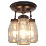 The Lamp Goods - Mason Jar Light Fixture Trio of New Quarts, Satin Nickel - This handcrafted mason jar chandelier ceiling light features a trio of clear, quart-size, mason jars with a look of days gone by for exceptional illumination of your space. The authenticity of each mason jar pendant shows its trademark raised lettering.
