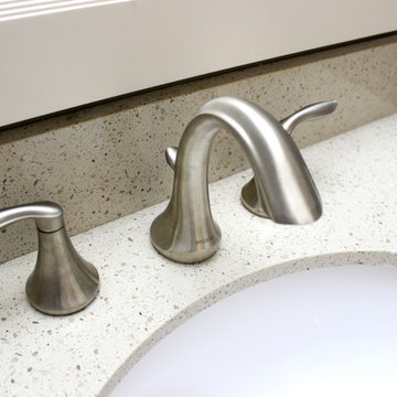 Gray Powder Room with White Vanity and Crystal Palace Quartz Countertop