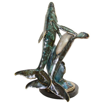 Pair Of Swimming Whales  Sculpture With Marble Base, Special Patina Finish