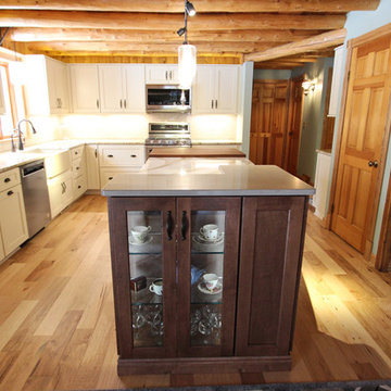 Log Cabin Rustic White Kitchen Cabinets with Granite and Wood Countertops