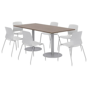 36 x 72" Table - 6 Light Grey Lola Chairs - Teak Top - Silver Base