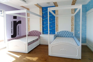 Bedroom - large shabby-chic style laminate floor bedroom idea in Other with blue walls