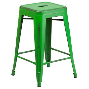 Flash Furniture 24" Metal Backless Counter Stool in Distressed Green