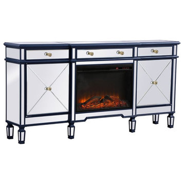 Elegant Decor Contempo 72" Mirrored Credenza with Wood Fireplace in Blue