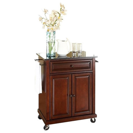 Catania Modern Black Granite Top Portable Kitchen Cart in Mahogany