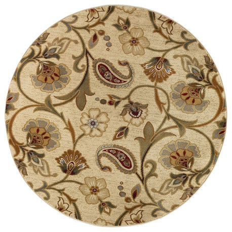 Fairfield Transitional Floral Beige Round Area Rug, 5' Round