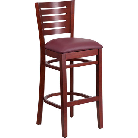 Darby Series Slat Back Mahogany Wood Restaurant Barstool, Burgundy Vinyl Seat