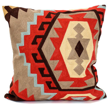 Embroidered Tribal Kilim Canvas Cotton Throw Pillow, 18"x18", Kilim Khaki+red