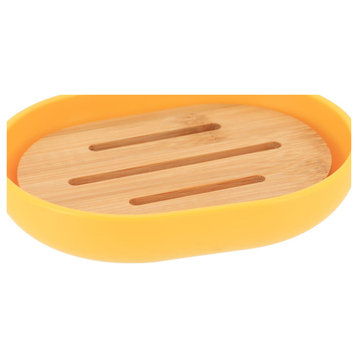 Yellow PADANG Soap Dish Cup Dispenser with Bamboo Tray